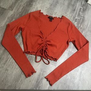 Forever 21 Tie Front Cropped Long Sleeve Top Orange Size Small